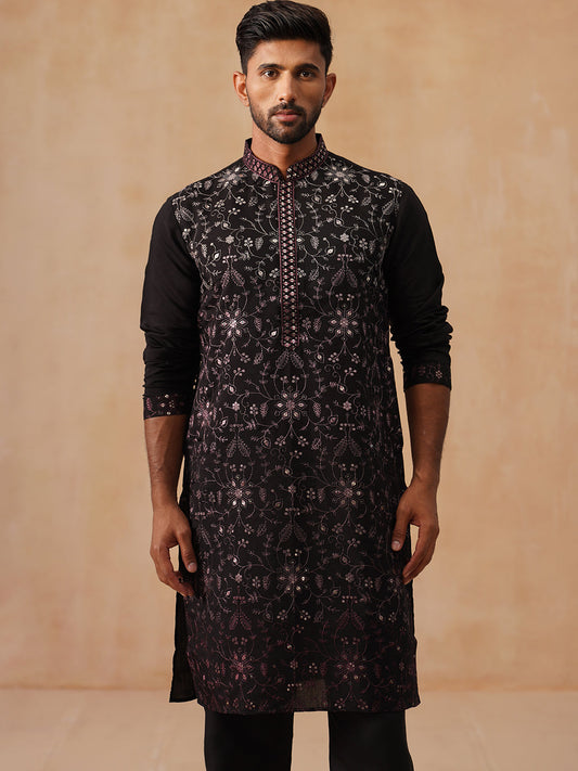 Men’s Silk Blend Embroidered Kurtas ( KO 5296 Magenta )