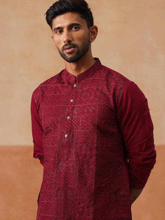 Men’s Silk Blend Embroidered Kurtas ( KO 5297 Wine )