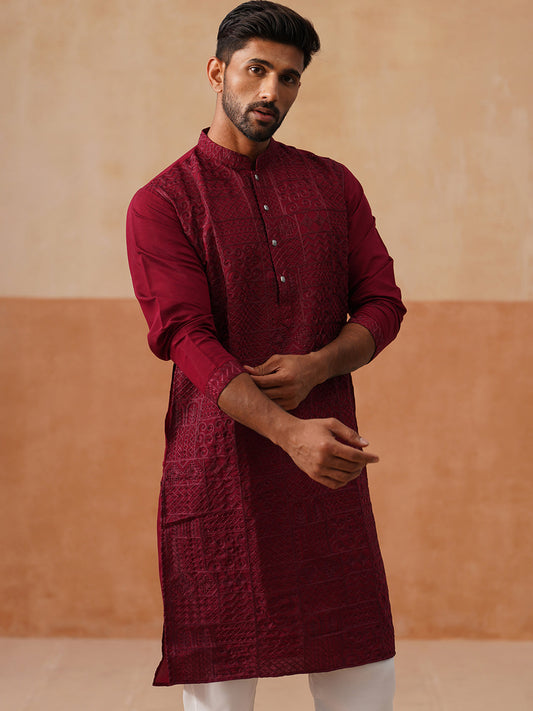 Men’s Silk Blend Embroidered Kurtas ( KO 5297 Wine )