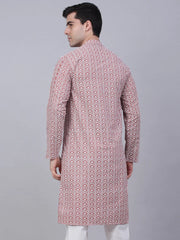 Men's Coral Red & White Embroidered Straight Kurtas ( KO 626 Coral )