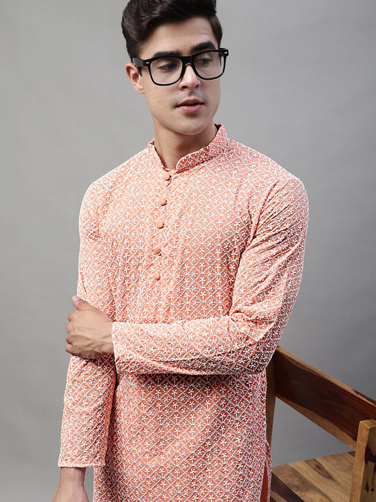 Men's Orange Embroidered Kurta Only ( KO 626Orange )