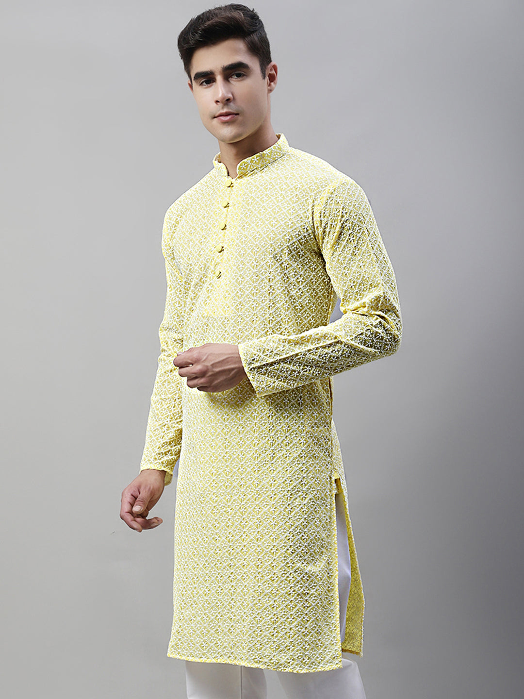 Men's Yellow Embroidered Kurta Only ( KO 626Yellow )