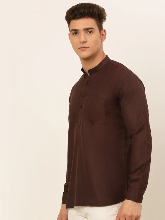 Men's Coffee Solid Cotton Short Kurta ( KO 677 Coffee )