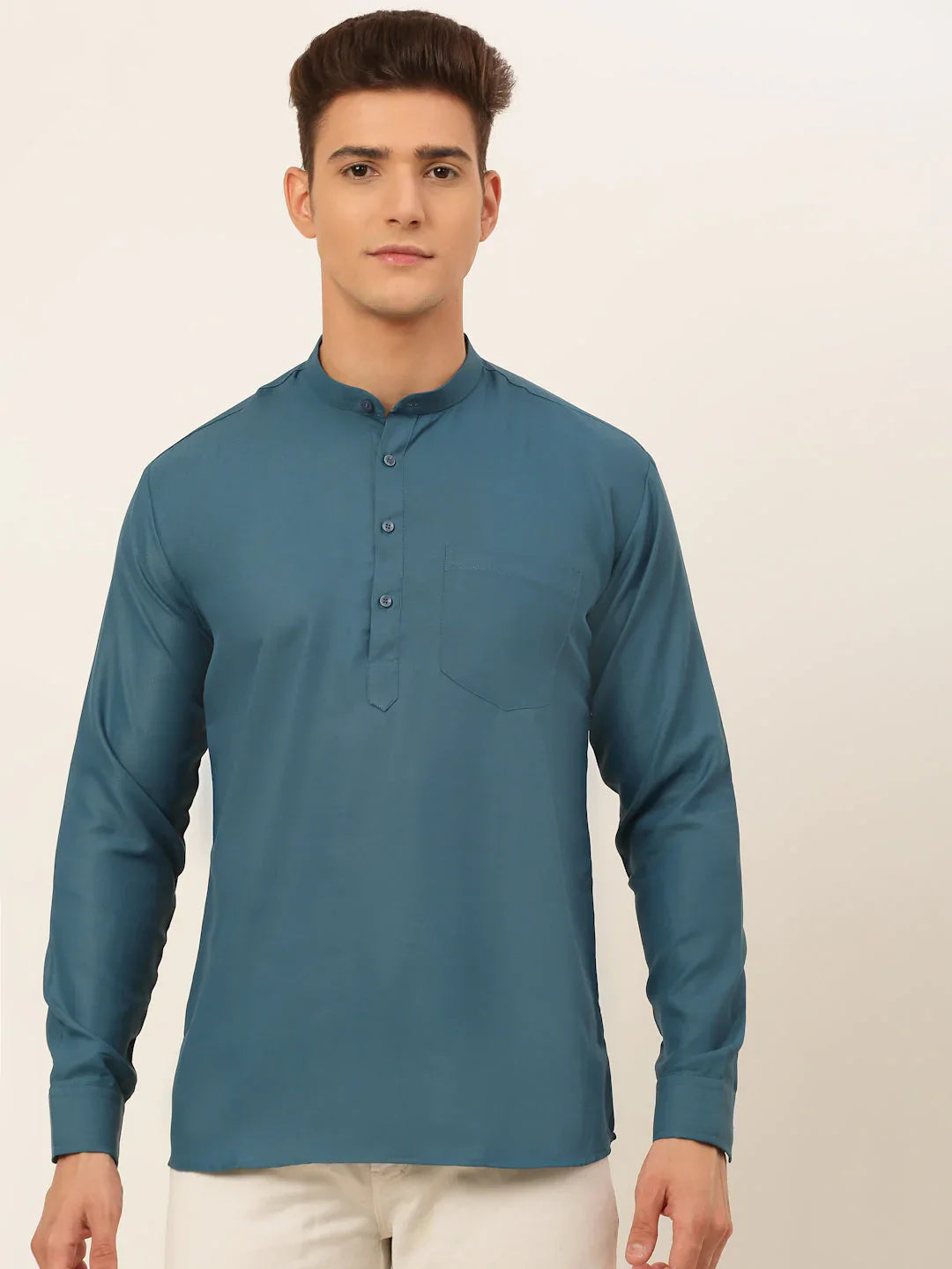 Men's Teal Blue Solid Cotton Short Kurta ( KO 677 Teal )