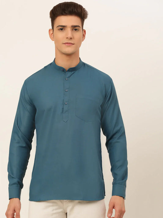 Men's Teal Blue Solid Cotton Short Kurta ( KO 677 Teal )