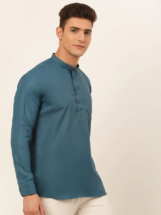 Men's Teal Blue Solid Cotton Short Kurta ( KO 677 Teal )