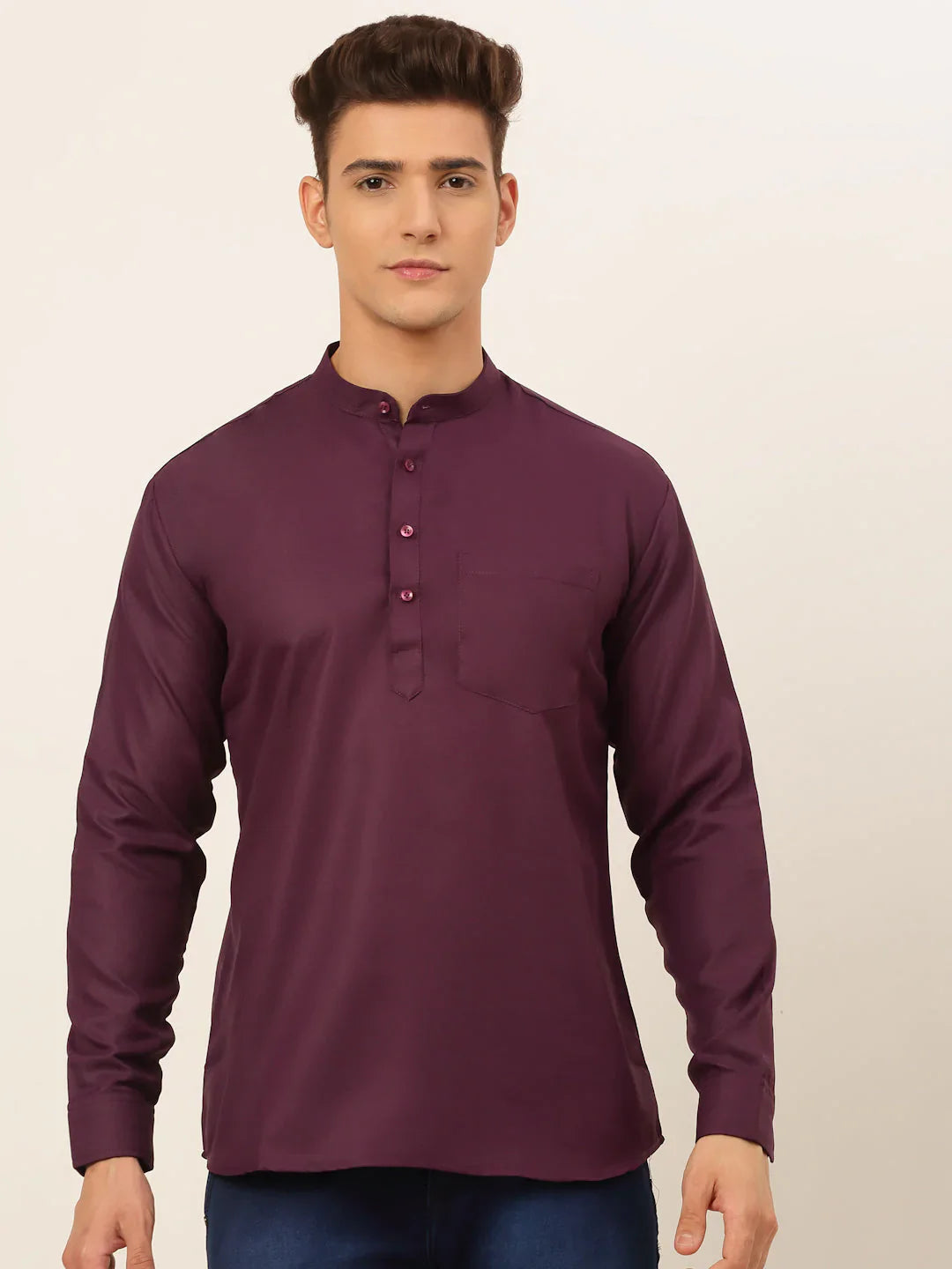 Men's Purple Solid Cotton Short Kurta ( KO 677 Wine )