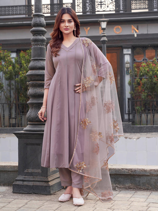 Mauve Anarkal Flared Kurta Set With Sequinns Dupatta
