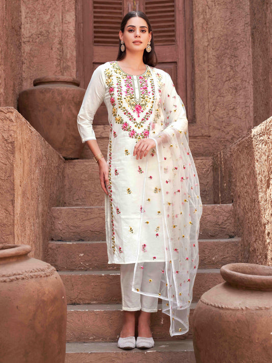 White Cotton With Multi Thread Embroidered Kurta Set