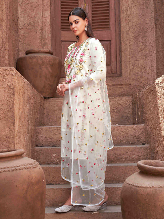White Cotton With Multi Thread Embroidered Kurta Set