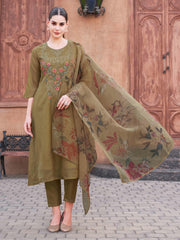 Yellow Organza With Contrast Embroidered & Printed Dupatta A-Line Kurta Set