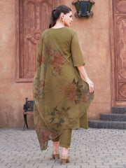 Yellow Organza With Contrast Embroidered & Printed Dupatta A-Line Kurta Set
