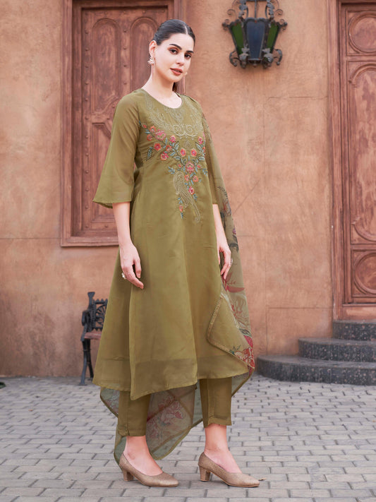 Yellow Organza With Contrast Embroidered & Printed Dupatta A-Line Kurta Set