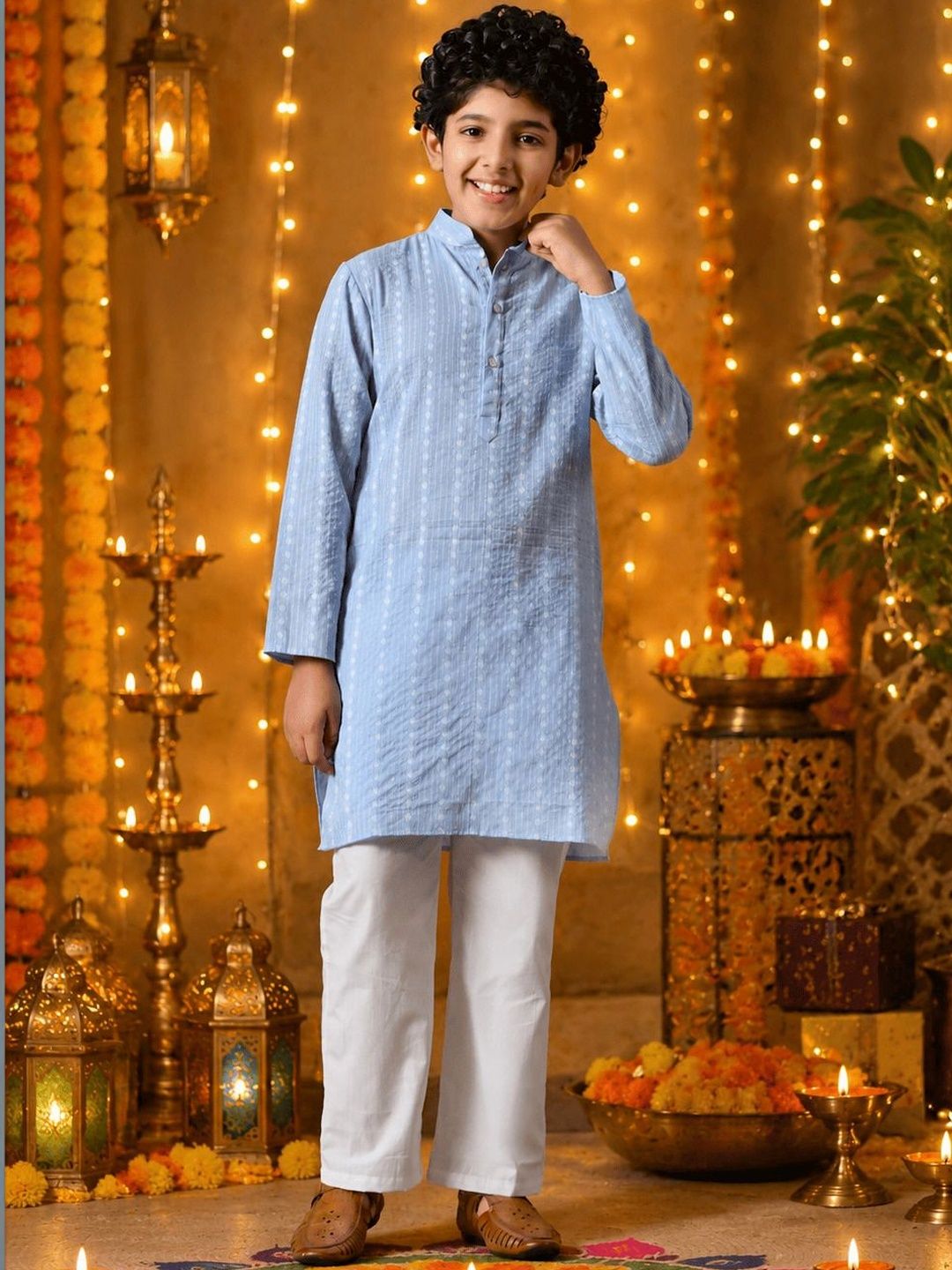 Indi Loom Couture Boys Blue Striped Ethnic Kurta with White Pajama Set ILBKS30