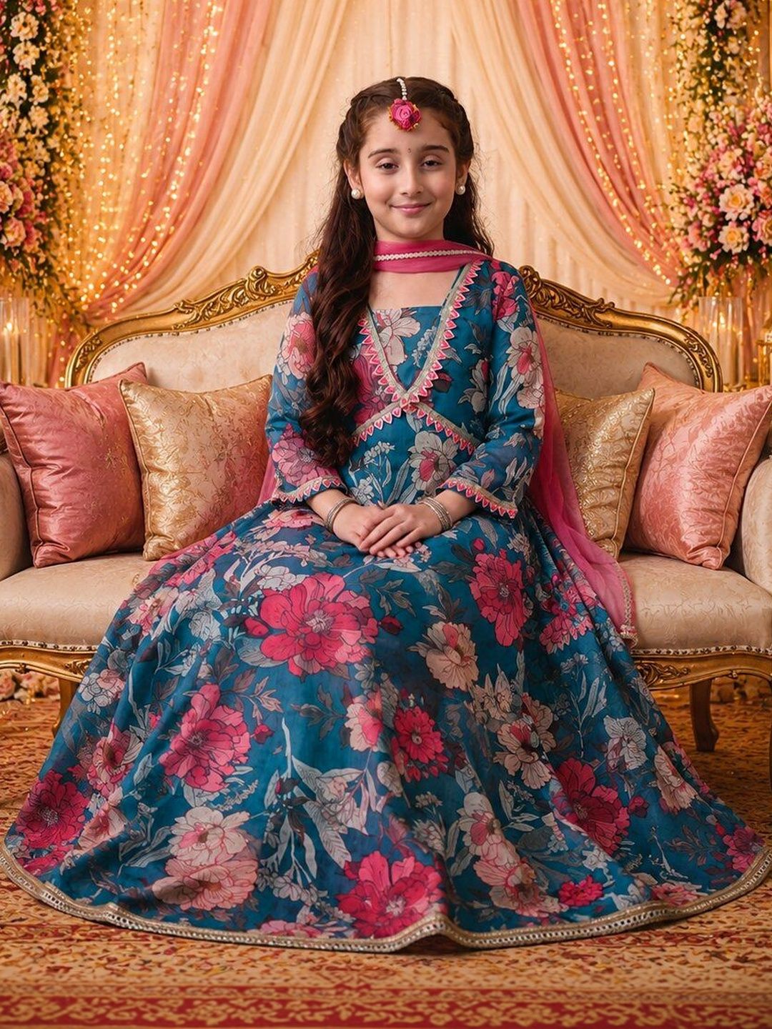 Indi Loom Couture Girls Green Printed Kurta Skirt with Dupatta Set ILLCD44