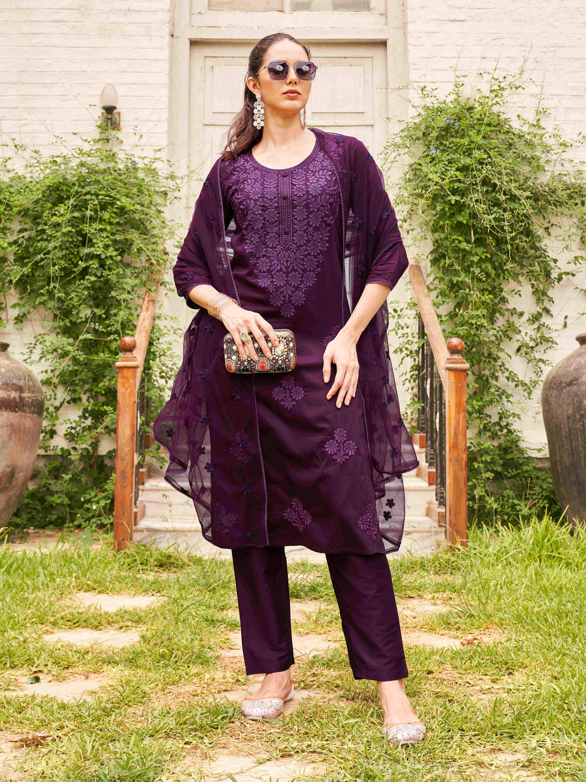 Wine Silk Blend Tonal Thread Embroidered Straight Cut Kurta Set