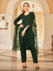 Bottle Green Silk Blend Tonal Thread Embroidered Straight Cut Kurta Set