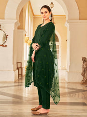 Bottle Green Silk Blend Tonal Thread Embroidered Straight Cut Kurta Set