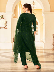 Bottle Green Silk Blend Tonal Thread Embroidered Straight Cut Kurta Set