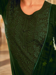 Bottle Green Silk Blend Tonal Thread Embroidered Straight Cut Kurta Set