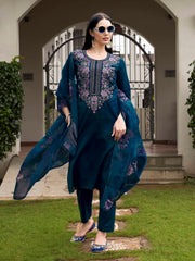 Teal Blue Color Cotton Blend Multi Embroidered Kurta Set With Printed Organza Dupatta