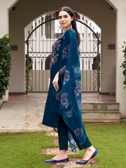 Teal Blue Color Cotton Blend Multi Embroidered Kurta Set With Printed Organza Dupatta