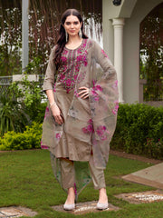 Teal Blue Color Cotton Blend Multi Embroidered Kurta Set With Printed Organza Dupatta