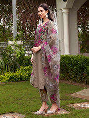 Teal Blue Color Cotton Blend Multi Embroidered Kurta Set With Printed Organza Dupatta