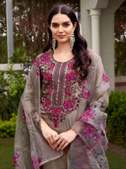 Teal Blue Color Cotton Blend Multi Embroidered Kurta Set With Printed Organza Dupatta