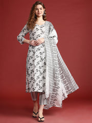 White & Black colour cotton blend floral print kurta set