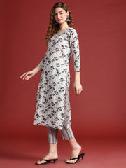 White & Black colour cotton blend floral print kurta set