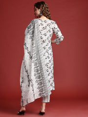 White & Black colour cotton blend floral print kurta set