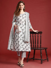 White & Black colour cotton blend floral print kurta set