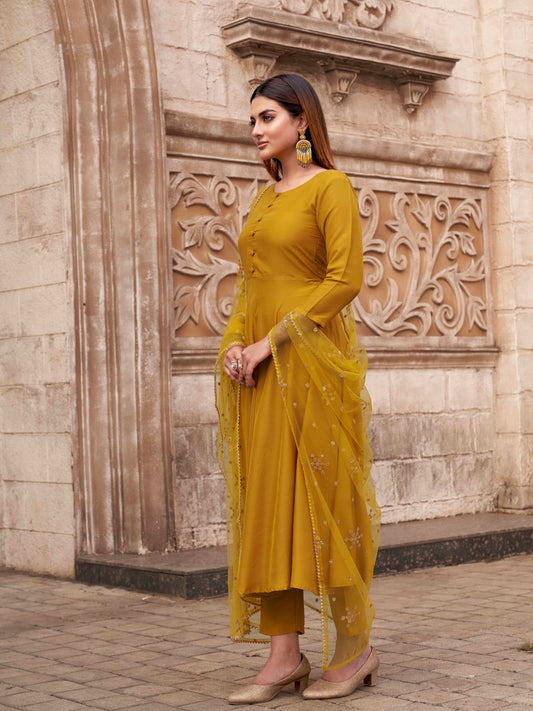 Yellow Color Chinon Solid Flared Kurta Set With Sequinns Dupatta