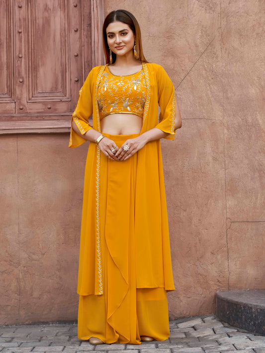 Yellow Georgette 3PC Shrug Set With Gota & Sequinns Embroidery