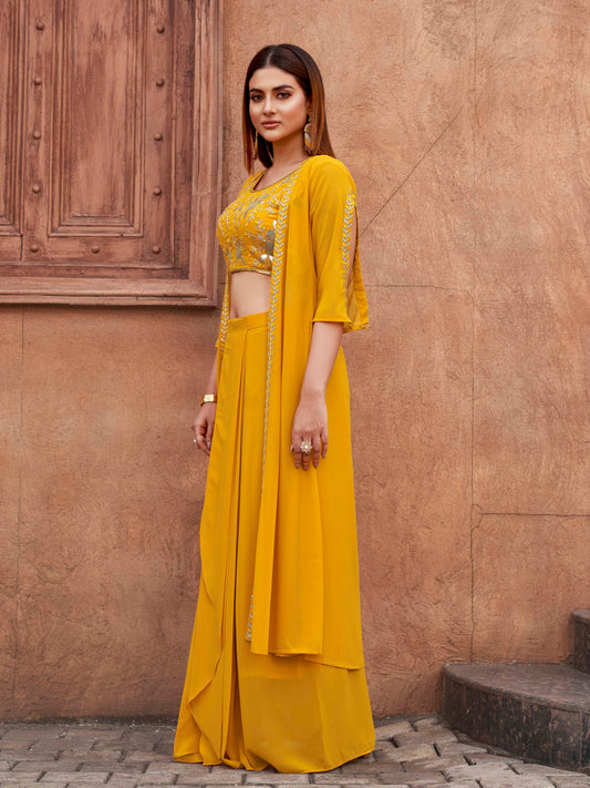 Yellow Georgette 3PC Shrug Set With Gota & Sequinns Embroidery