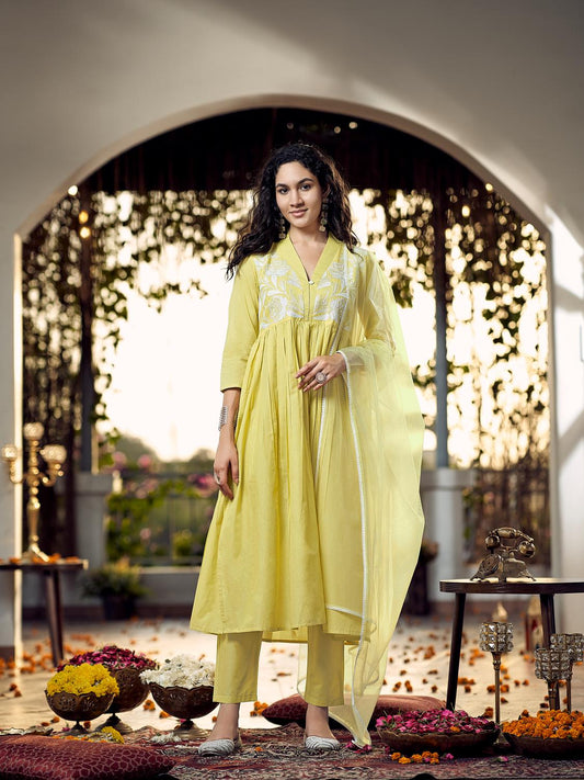 Yellow Cotton Gathered Kurta Set With Dupatta & Yoke Embroidery
