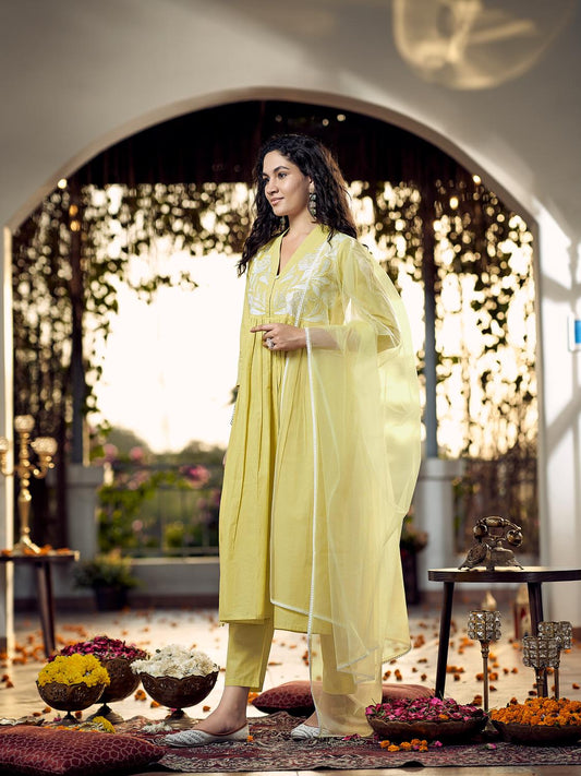 Yellow Cotton Gathered Kurta Set With Dupatta & Yoke Embroidery