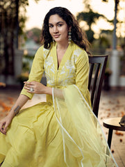 Yellow Cotton Gathered Kurta Set With Dupatta & Yoke Embroidery