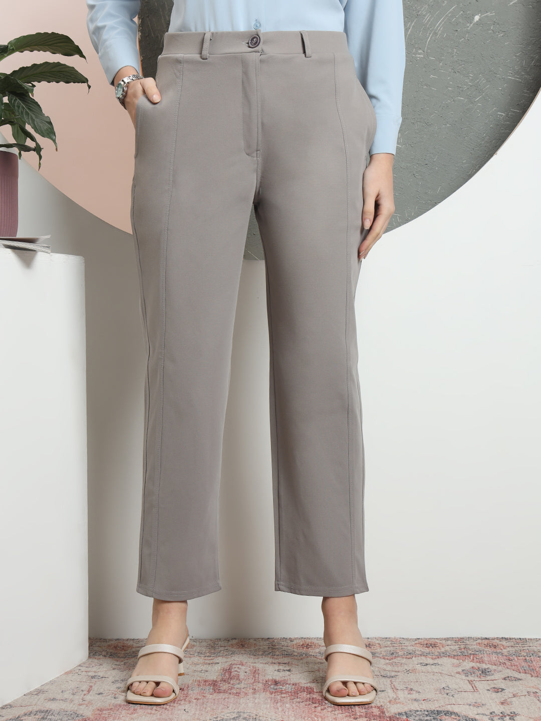 women tailored straight fit high rise easy wash formal trousers
