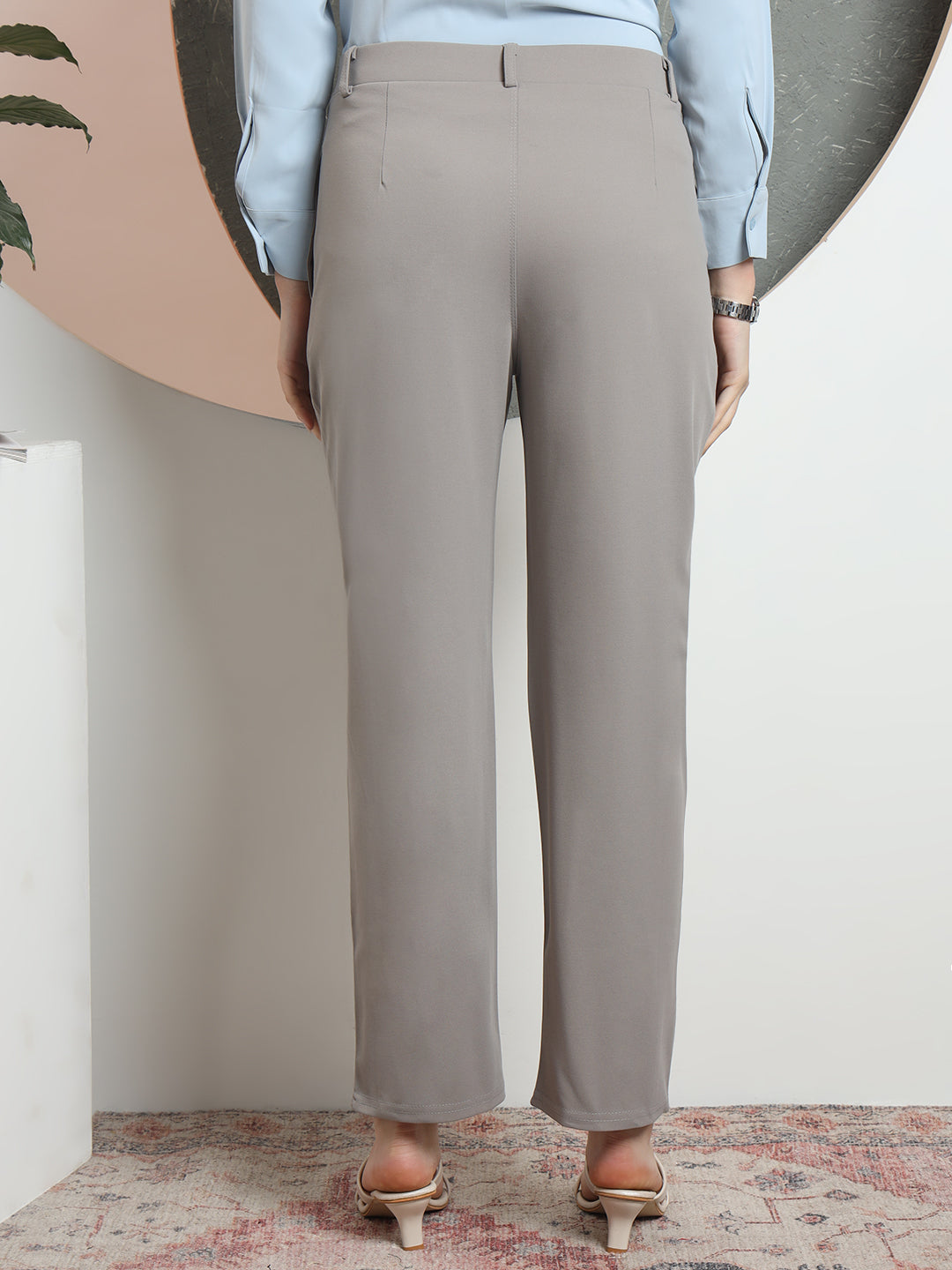 women tailored straight fit high rise easy wash formal trousers
