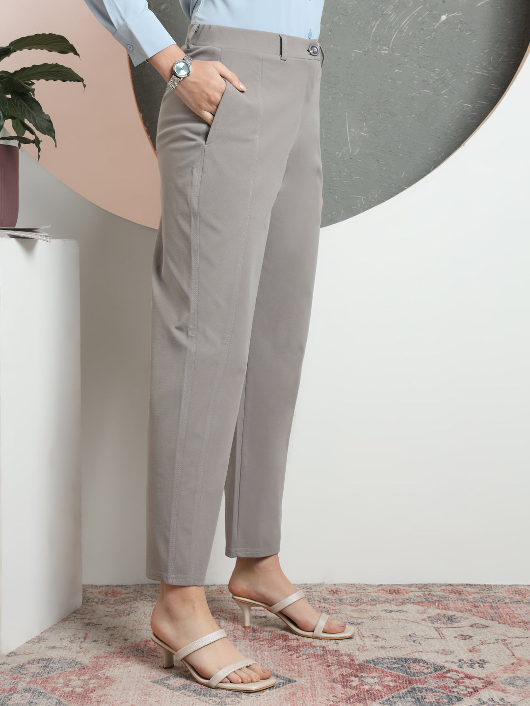 women tailored straight fit high rise easy wash formal trousers