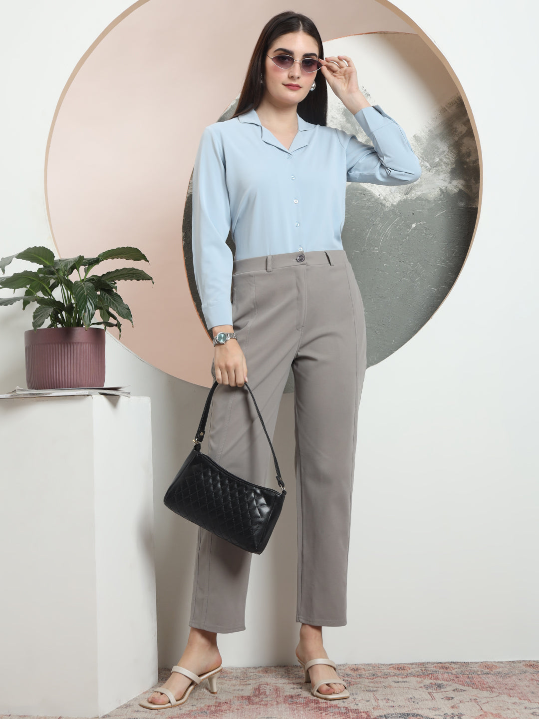 women tailored straight fit high rise easy wash formal trousers