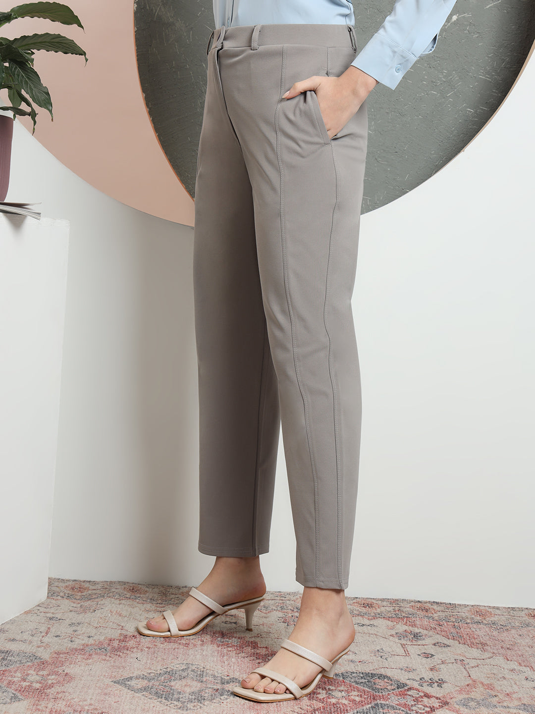 women tailored straight fit high rise easy wash formal trousers