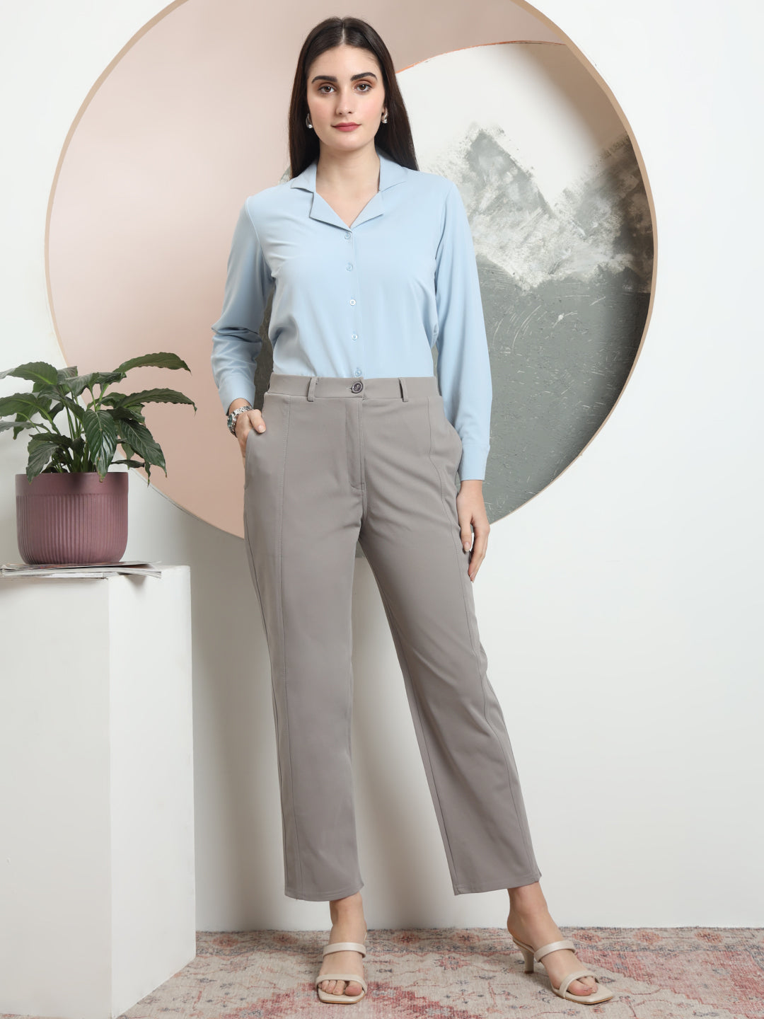 women tailored straight fit high rise easy wash formal trousers