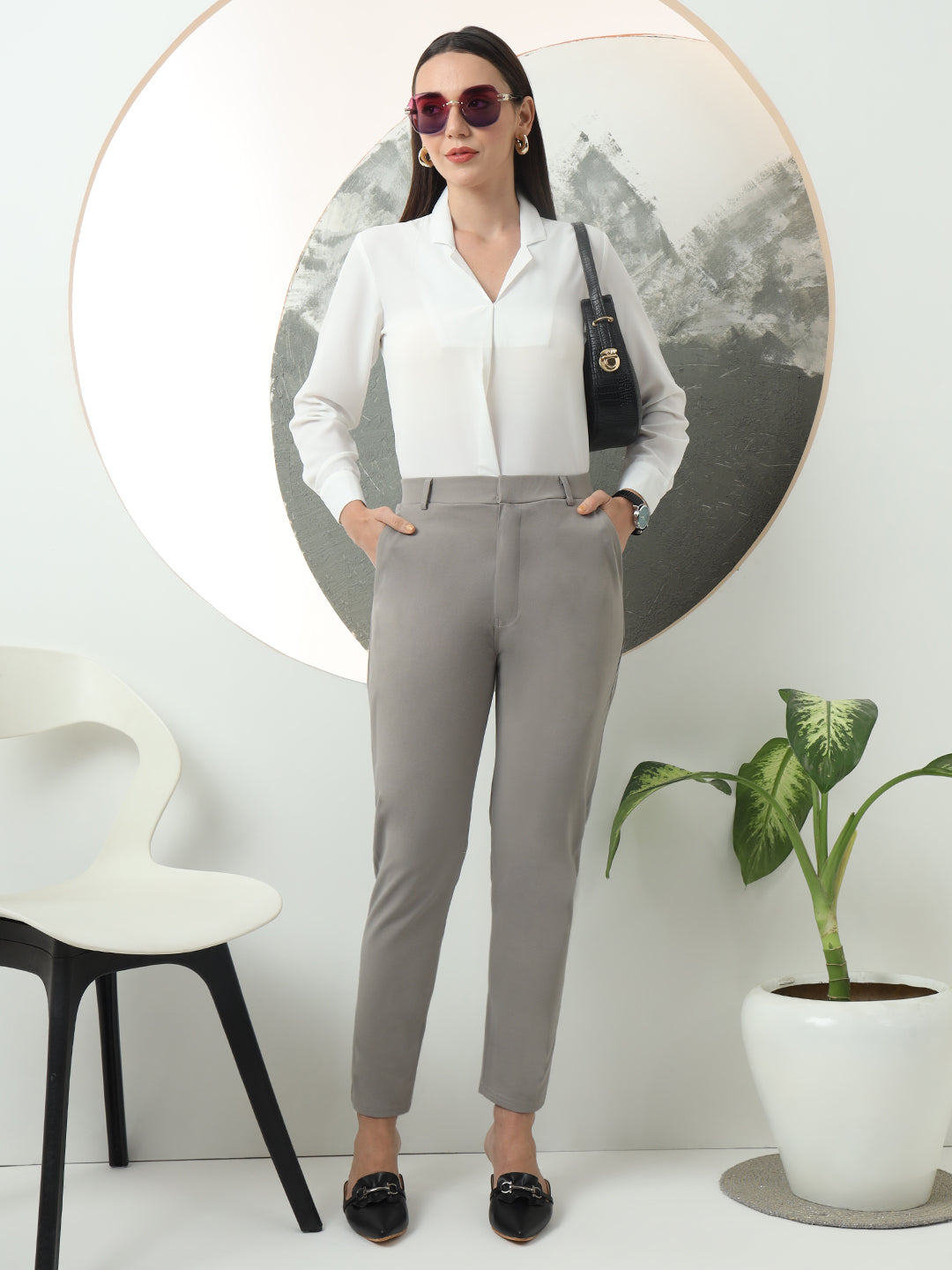 women tapered fit high waist office wear trousers