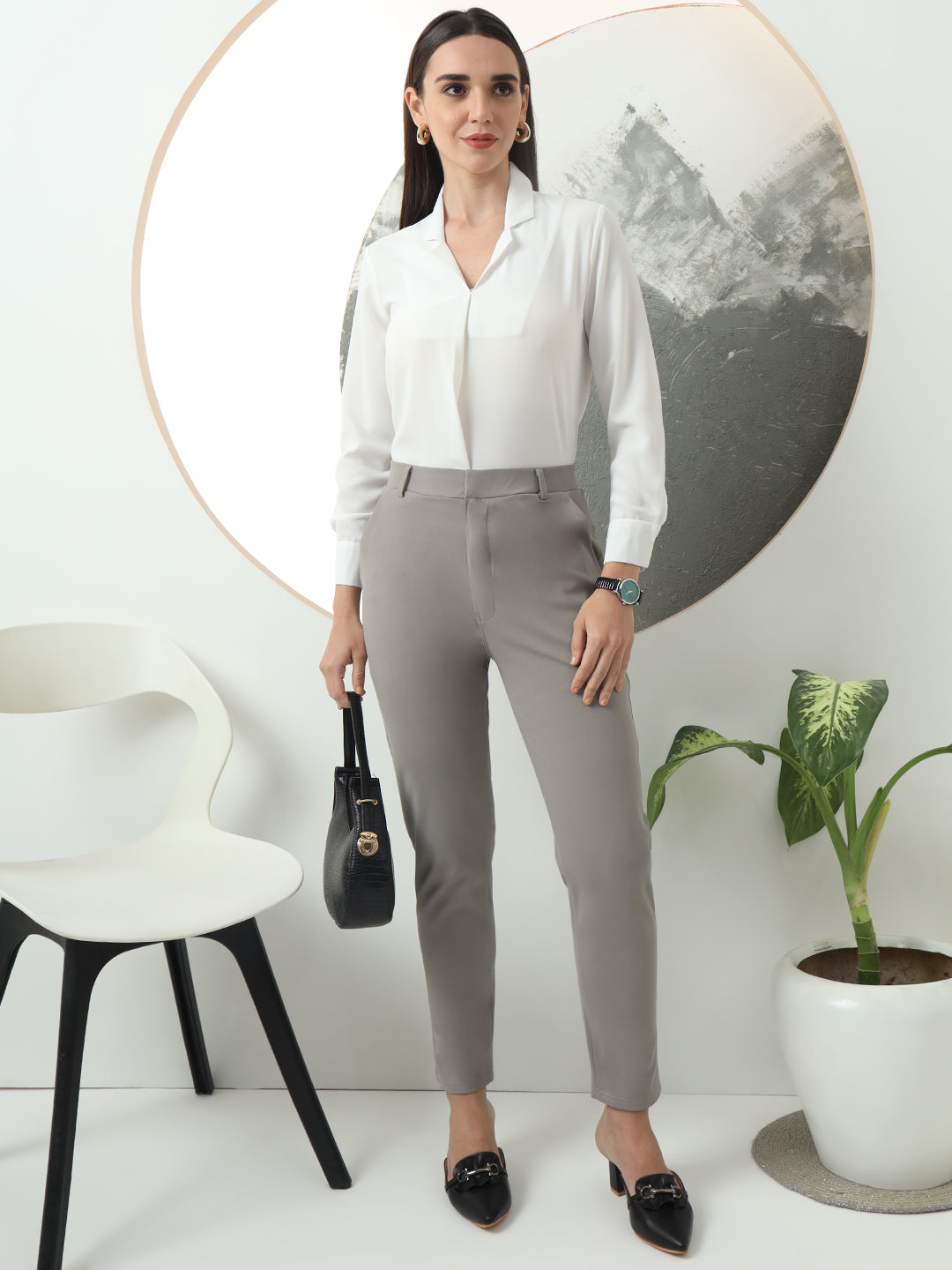 women tapered fit high waist office wear trousers