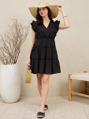 Zummer Black Schiffli Flutter Sleeves Fit & Flare Dress