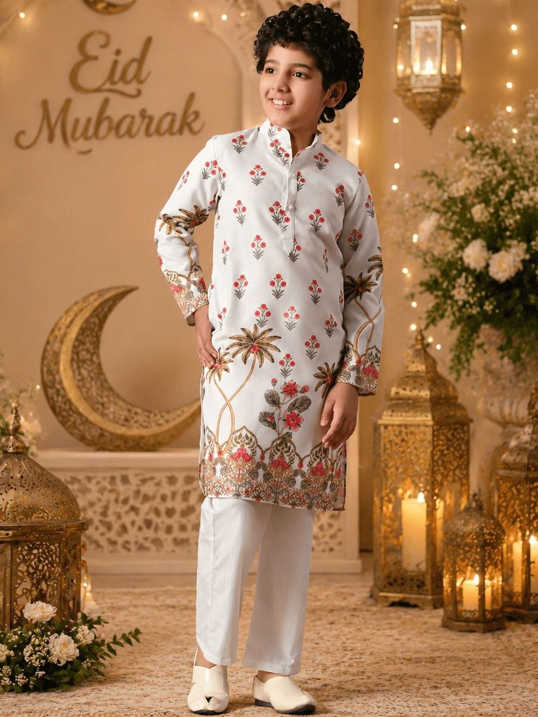 Indi Loom Couture Boys White Floral Printed Ethnic Kurta with Pajama Set ILBKS28