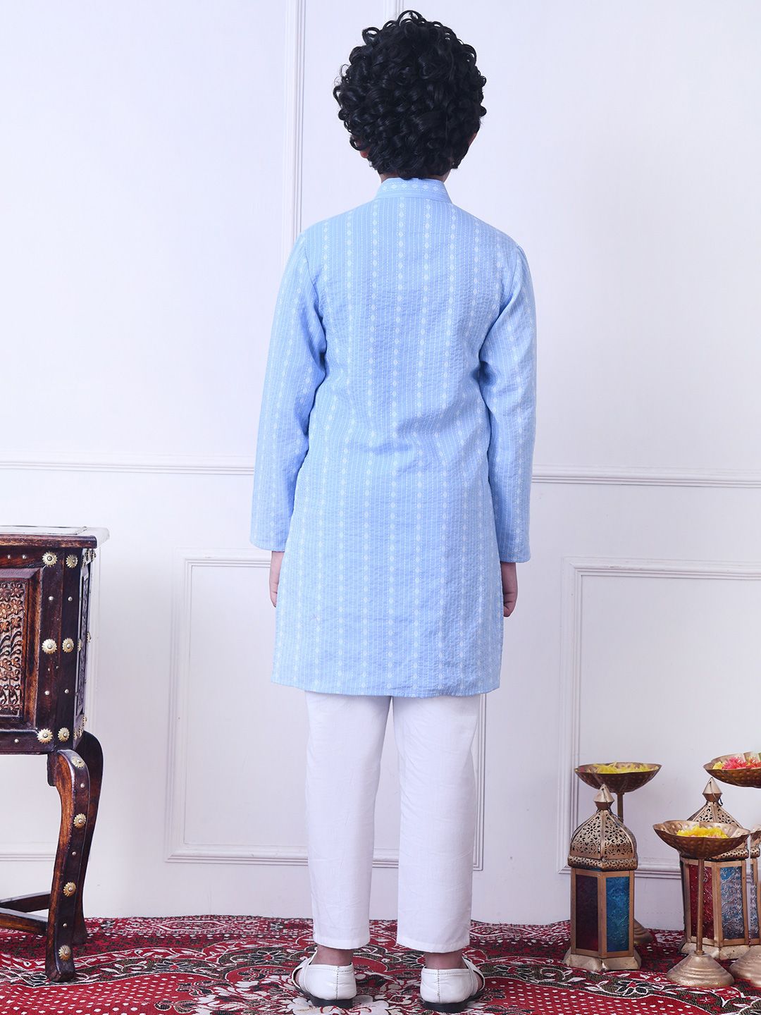 Indi Loom Couture Boys Blue Striped Ethnic Kurta with White Pajama Set ILBKS14